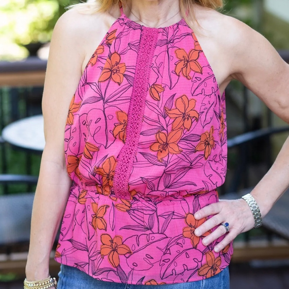 DR2 Kenzie Halter Top with Lace Orange and Pink NWT L